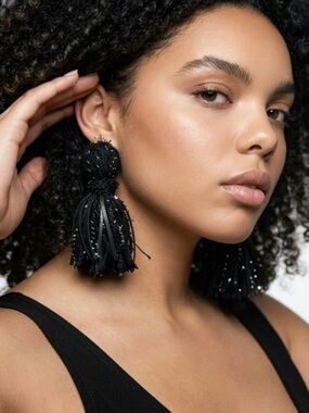 Statement Black Leather Tassel Drop Earrings